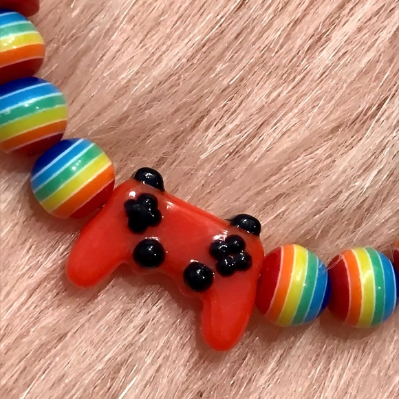 Handmade Red Video Game Controller Colorful Rainbow Pride Beaded Bracelet - Picture 2 of 5